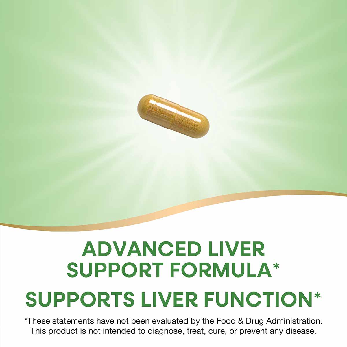 Golden-brown capsule supplement displayed against a green and white background with radiating light effect.
