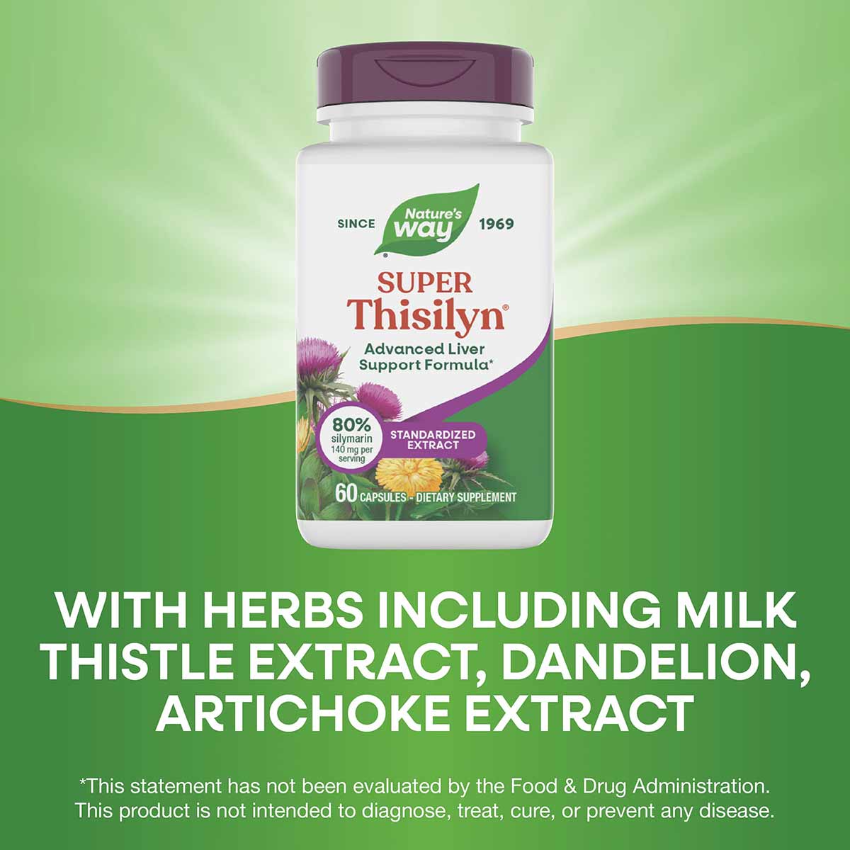 White bottle with purple cap labeled "Super Thisilyn Advanced Liver Support Formula" by Nature's Way, containing 60 capsules.
