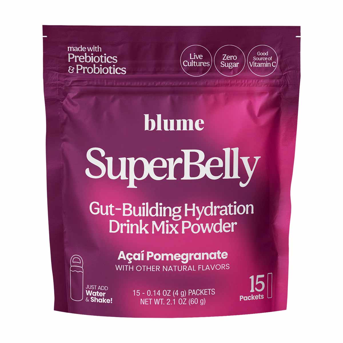 Blume SuperBelly magenta powder packet with acai pomegranate flavor, containing 15 individual packets.