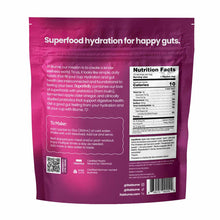 Pink pouch of SuperBelly Hydration Powder by Blume with nutrition facts label, ingredients, preparation instructions, and cer