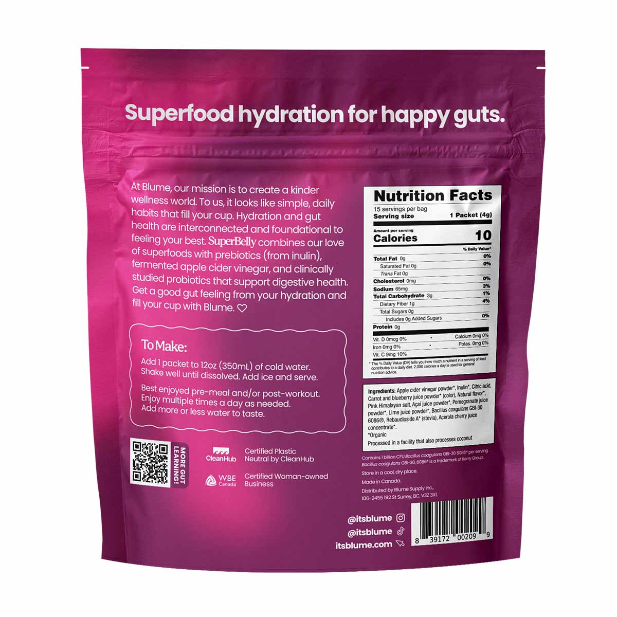 Pink pouch of SuperBelly Hydration Powder by Blume with nutrition facts label, ingredients, preparation instructions, and cer
