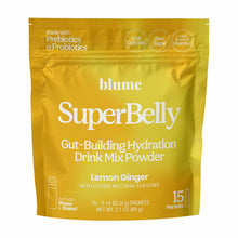 Blume SuperBelly yellow pouch with lemon ginger hydration powder, 15 packets, containing prebiotics and probiotics.