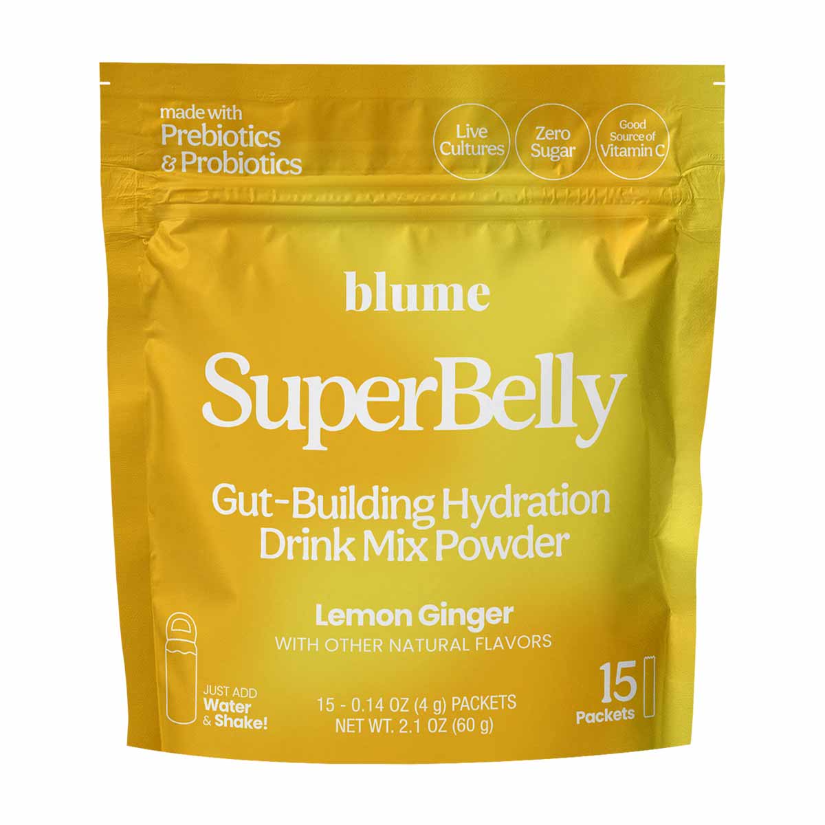 Blume SuperBelly yellow pouch with lemon ginger hydration powder, 15 packets, containing prebiotics and probiotics.