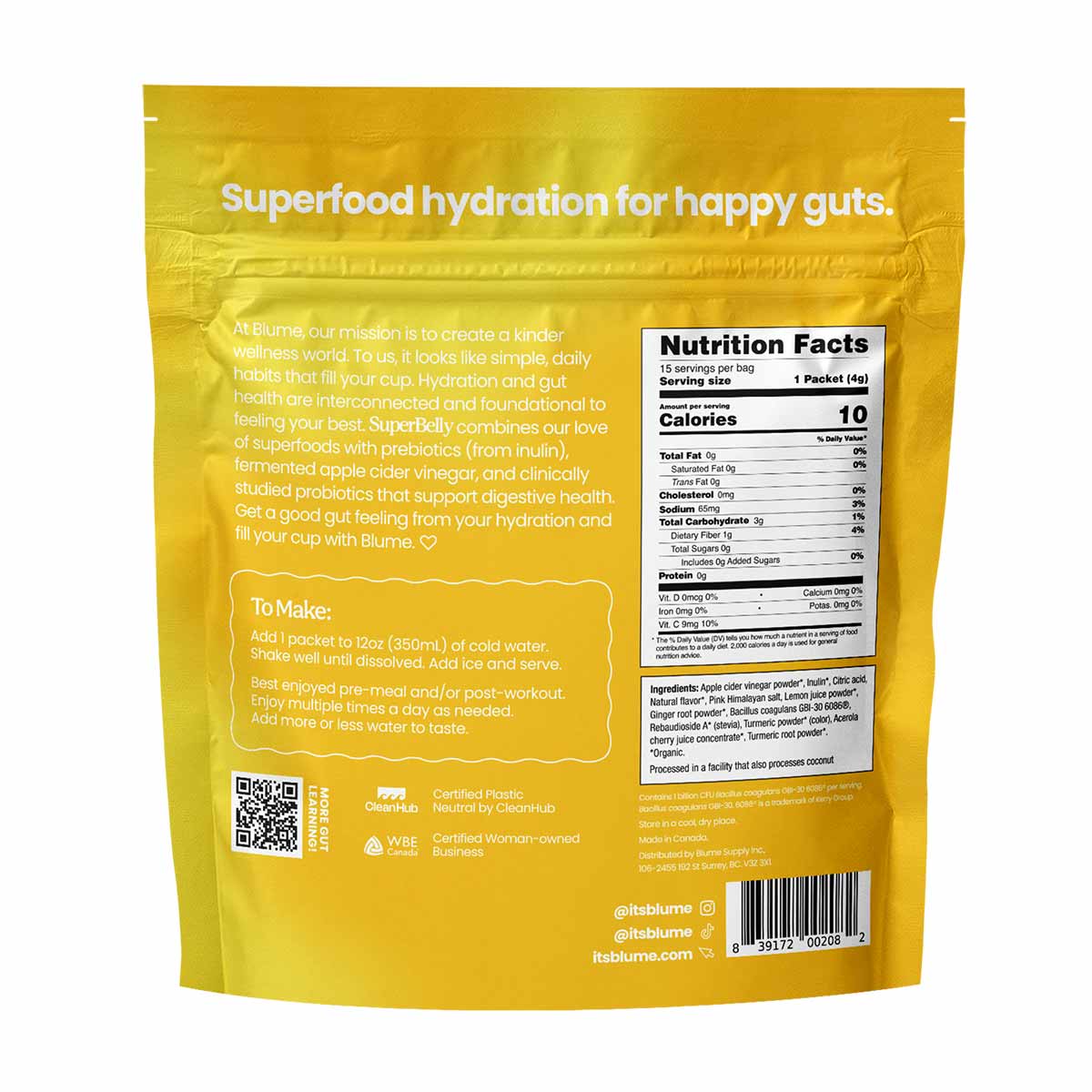 Yellow Blume SuperBelly Hydration Powder packet with white text, nutrition facts label, and preparation instructions visible 