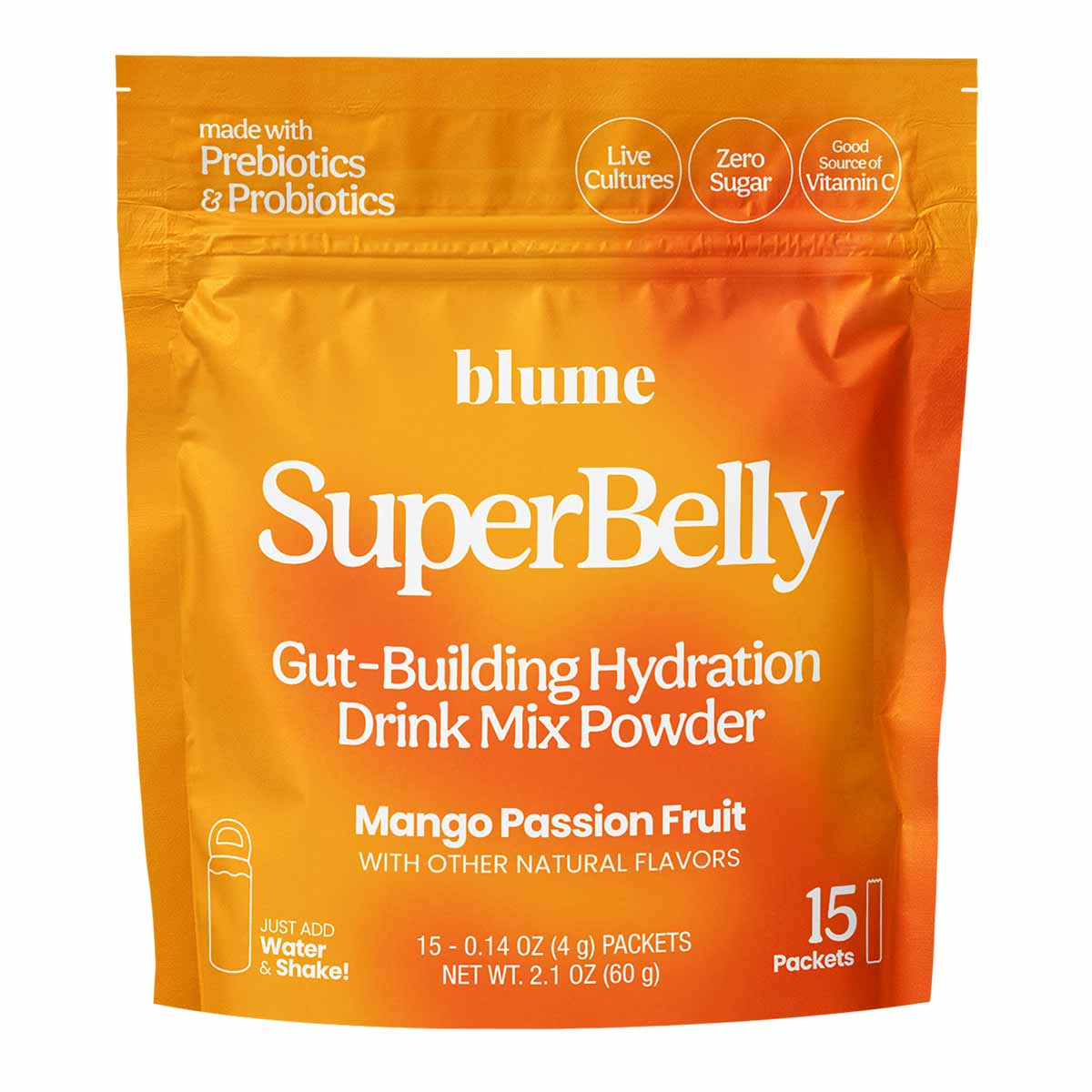 Blume SuperBelly orange pouch containing 15 packets of mango passion fruit hydration drink mix powder.