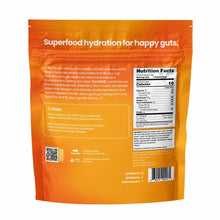 Orange pouch of SuperBelly Hydration Powder with white text, nutrition facts label, and preparation instructions on back.