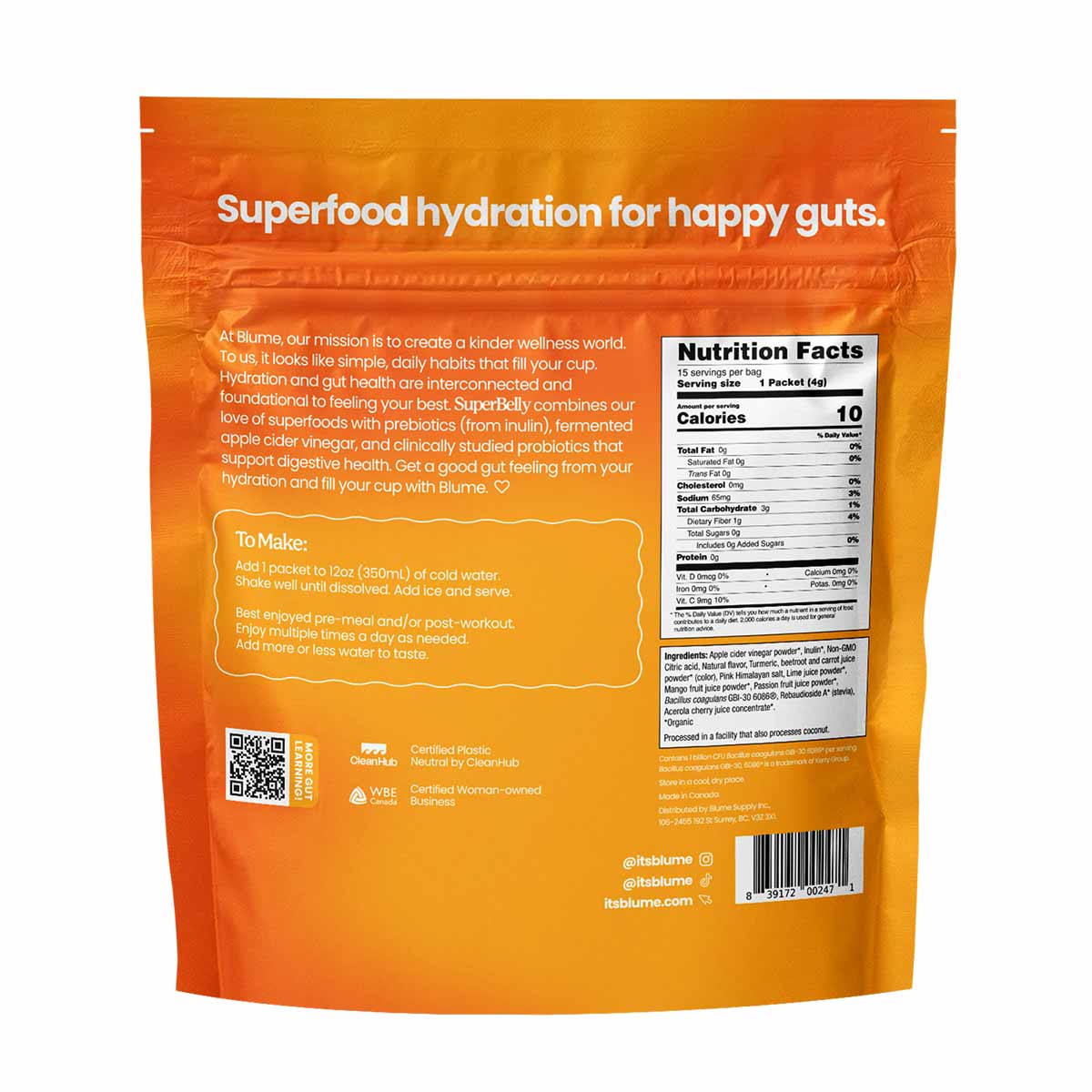 Orange pouch of SuperBelly Hydration Powder with white text, nutrition facts label, and preparation instructions on back.