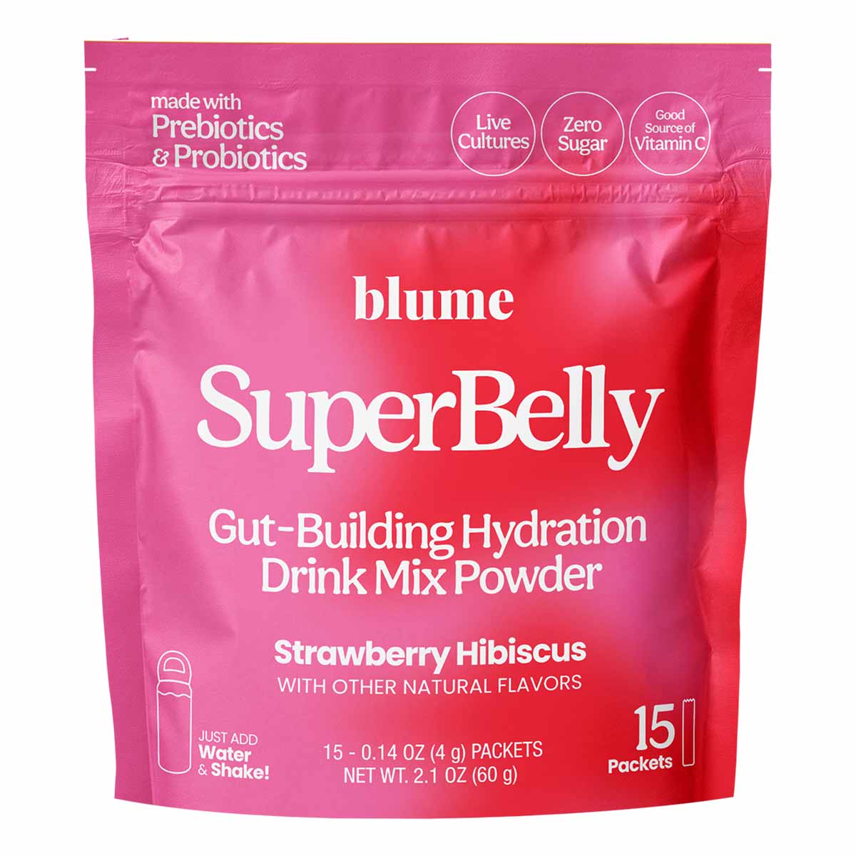 Blume SuperBelly pink pouch with white text showing gut-building hydration drink mix powder in strawberry hibiscus flavor.