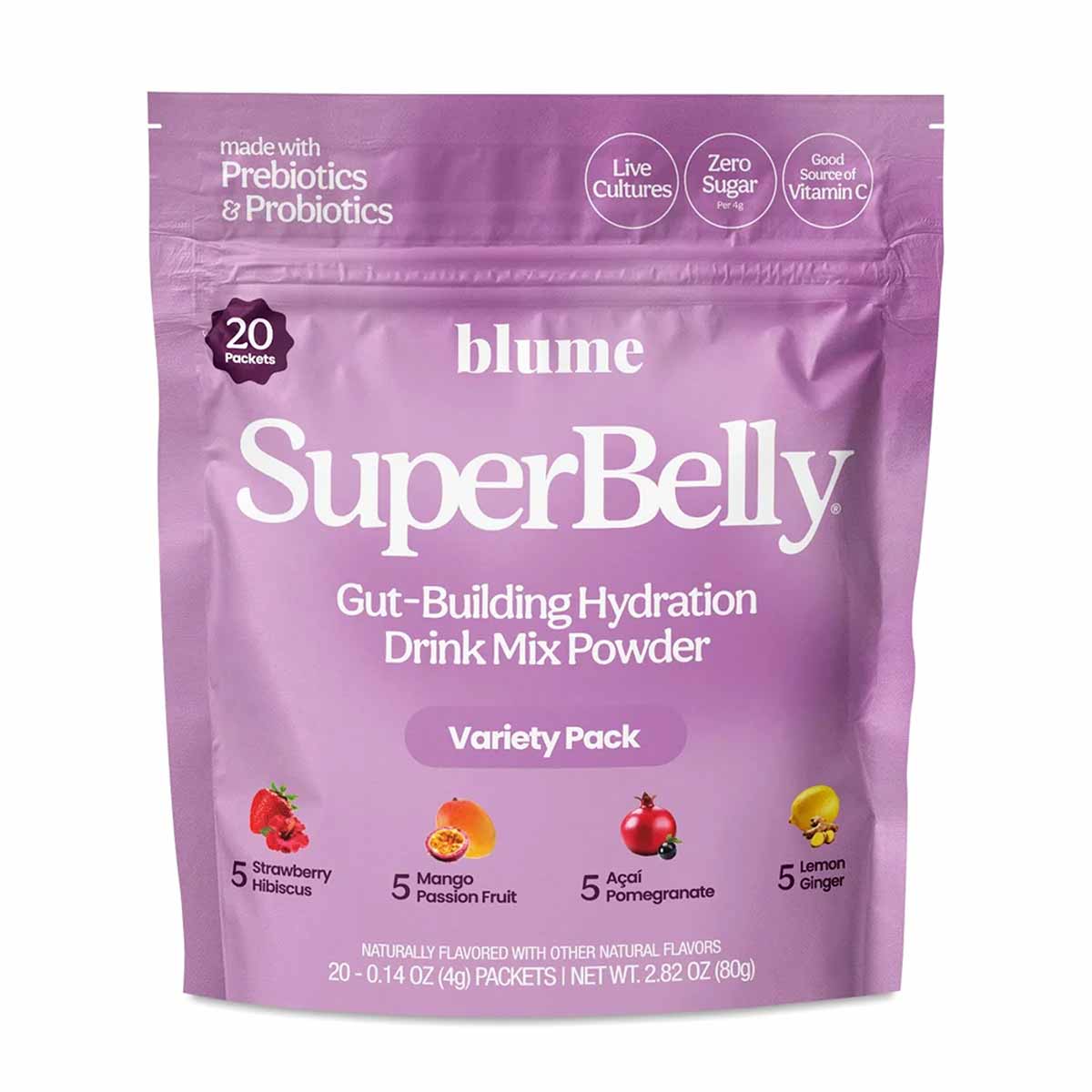 Purple resealable pouch of Blume SuperBelly hydration powder with 20 packets in four fruit flavors: strawberry hibiscus, mang