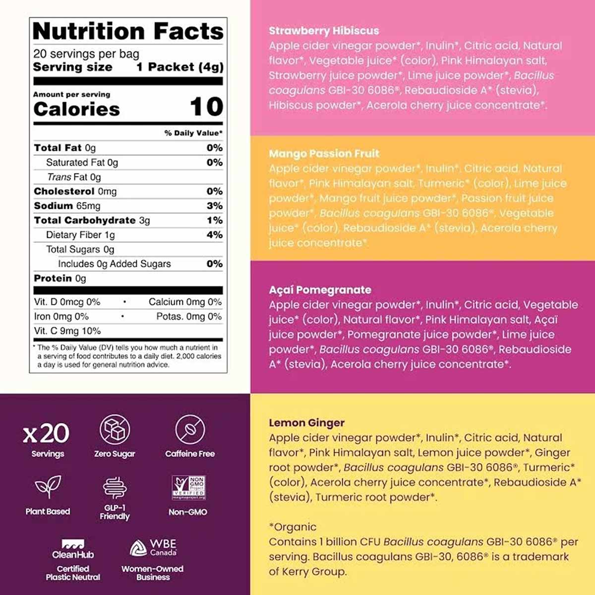 Nutrition facts label and ingredient list for SuperBelly Hydration Powder showing four flavors: strawberry hibiscus, mango pa