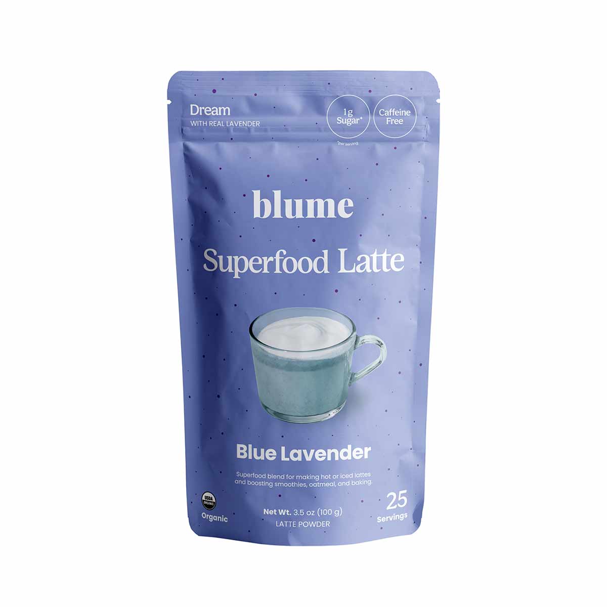 Blume Superfood Latte powder in Blue Lavender flavor, 3.5 oz pouch with 25 servings, 1g sugar, caffeine-free.