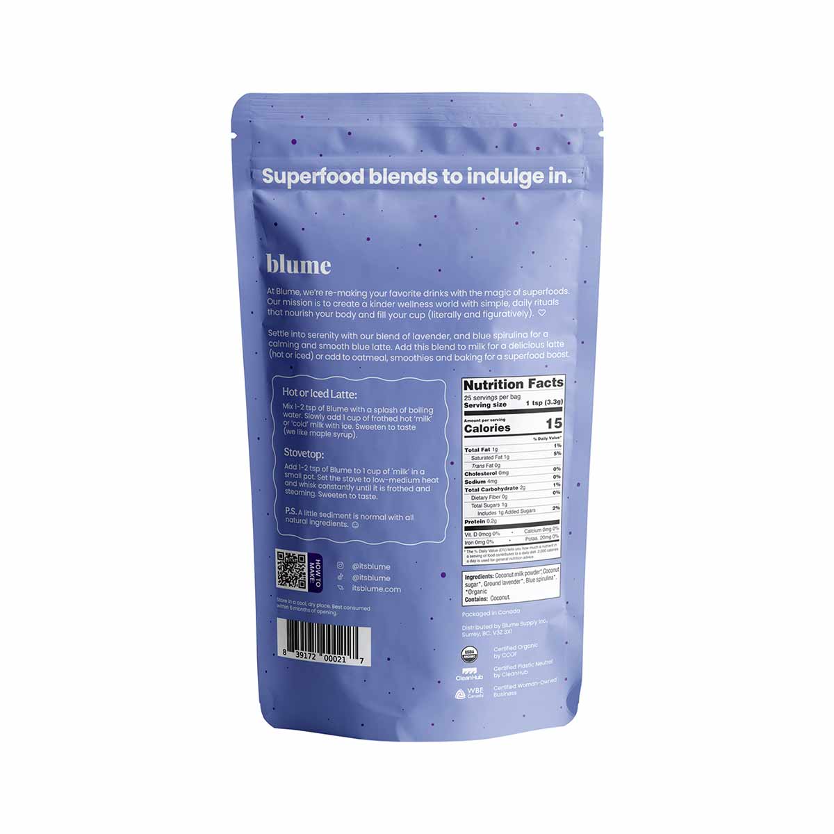 Blue pouch of Blume Superfood Latte Powder with ingredient list, nutrition facts, and preparation instructions on back.