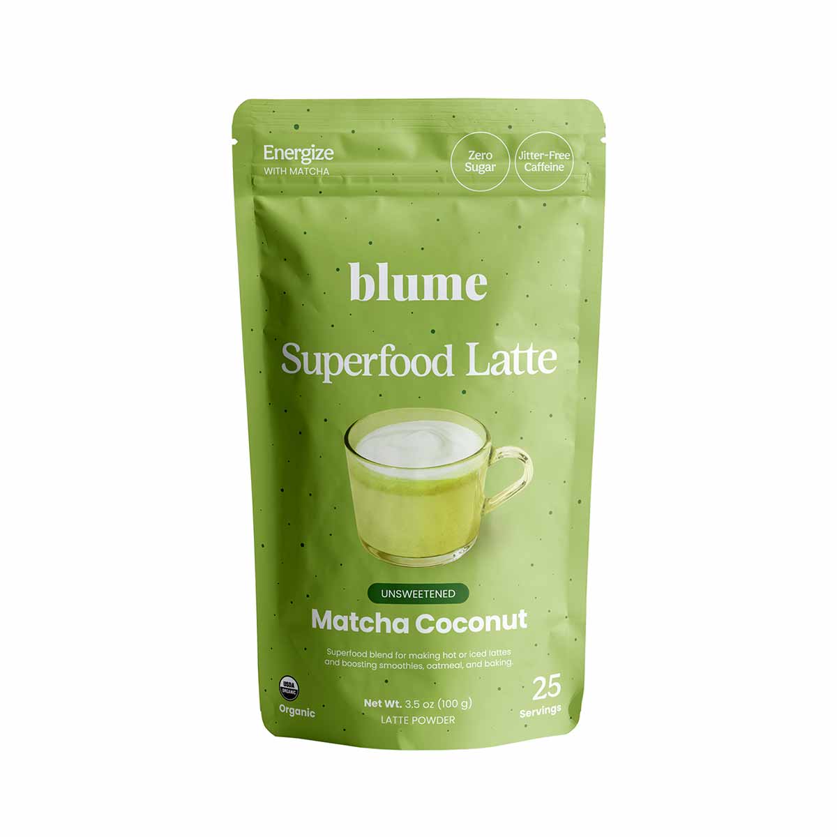 Green Blume Superfood Latte powder pouch featuring matcha coconut flavor, zero sugar, jitter-free caffeine label, and 25 serv