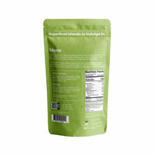 Green pouch of Blume Superfood Latte Powder with product information, nutrition facts, and preparation instructions on back l