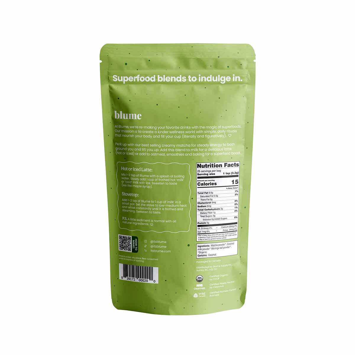 Green pouch of Blume Superfood Latte Powder with product information, nutrition facts, and preparation instructions on back l