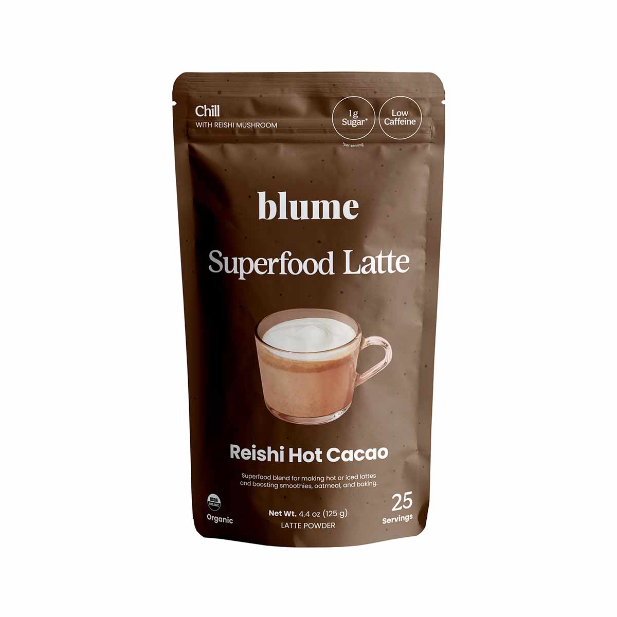 Brown pouch of Blume Superfood Latte powder in Reishi Hot Cacao flavor with 25 servings.