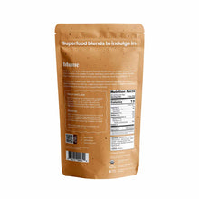 Tan kraft pouch of Blume Superfood Latte Powder with white text, nutrition facts label, and preparation instructions visible 