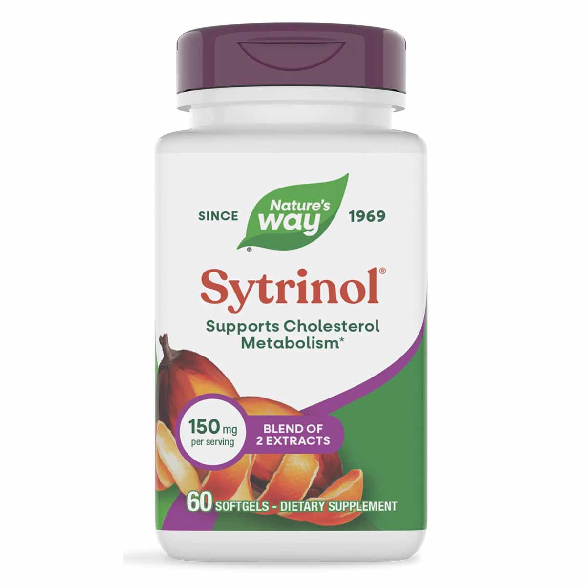 White bottle with purple cap containing Nature's Way Sytrinol dietary supplement, 60 softgels, 150 mg per serving.