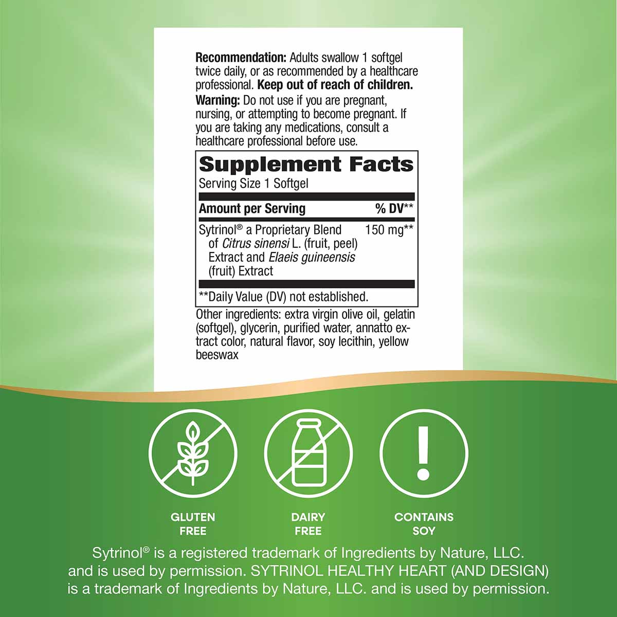 Supplement Facts label for Sytrinol Cholesterol Control softgels showing dosage, ingredients, and allergen information on gre