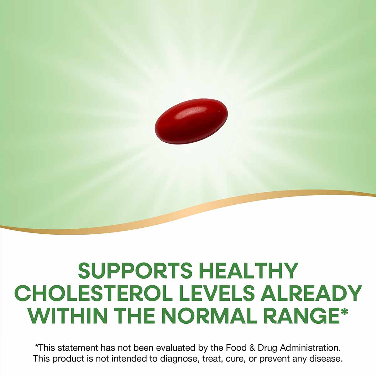 Red oval softgel capsule on green and white background with product claim text and FDA disclaimer.
