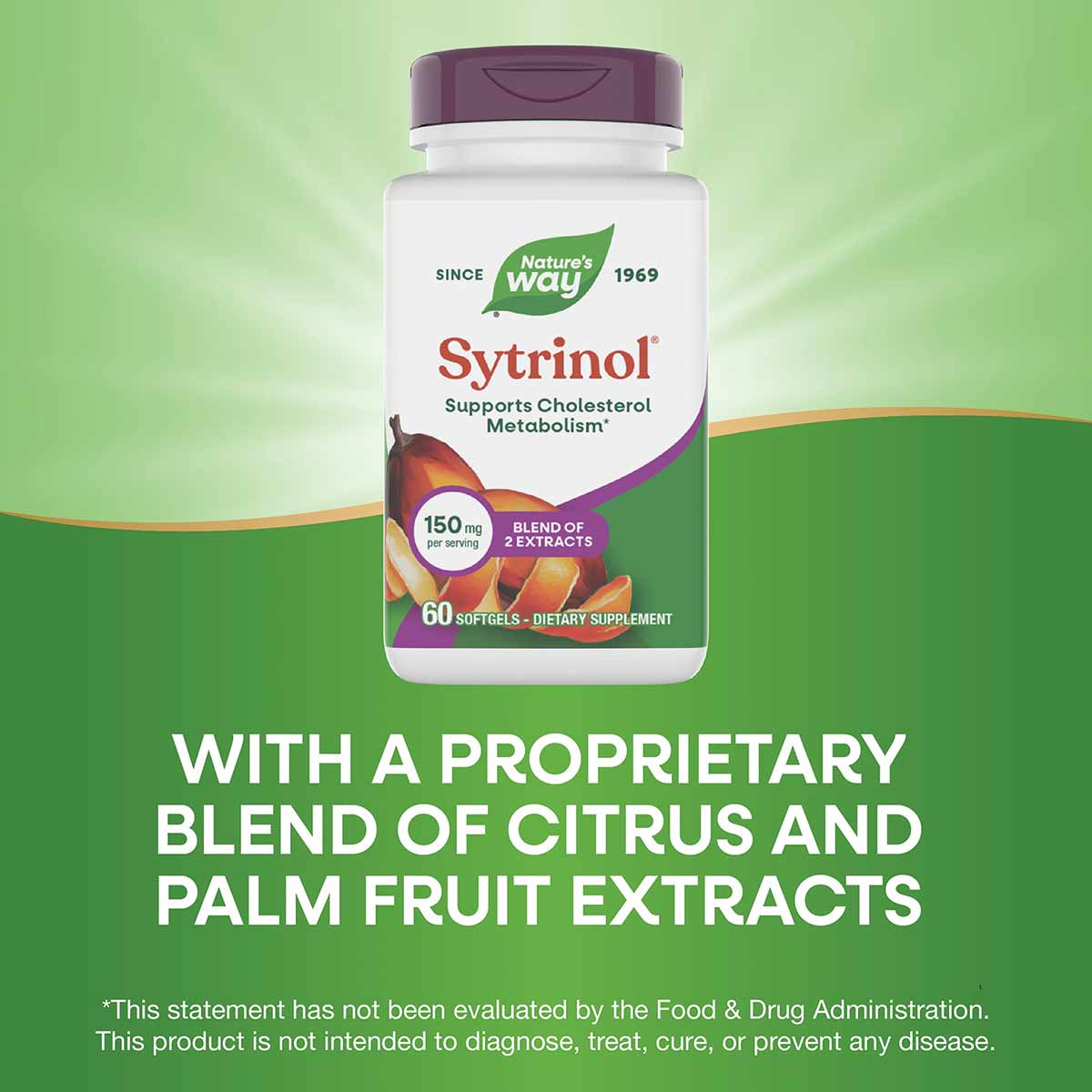 Sytrinol Cholesterol Control bottle by Nature's Way with purple cap containing 60 softgels on green background.