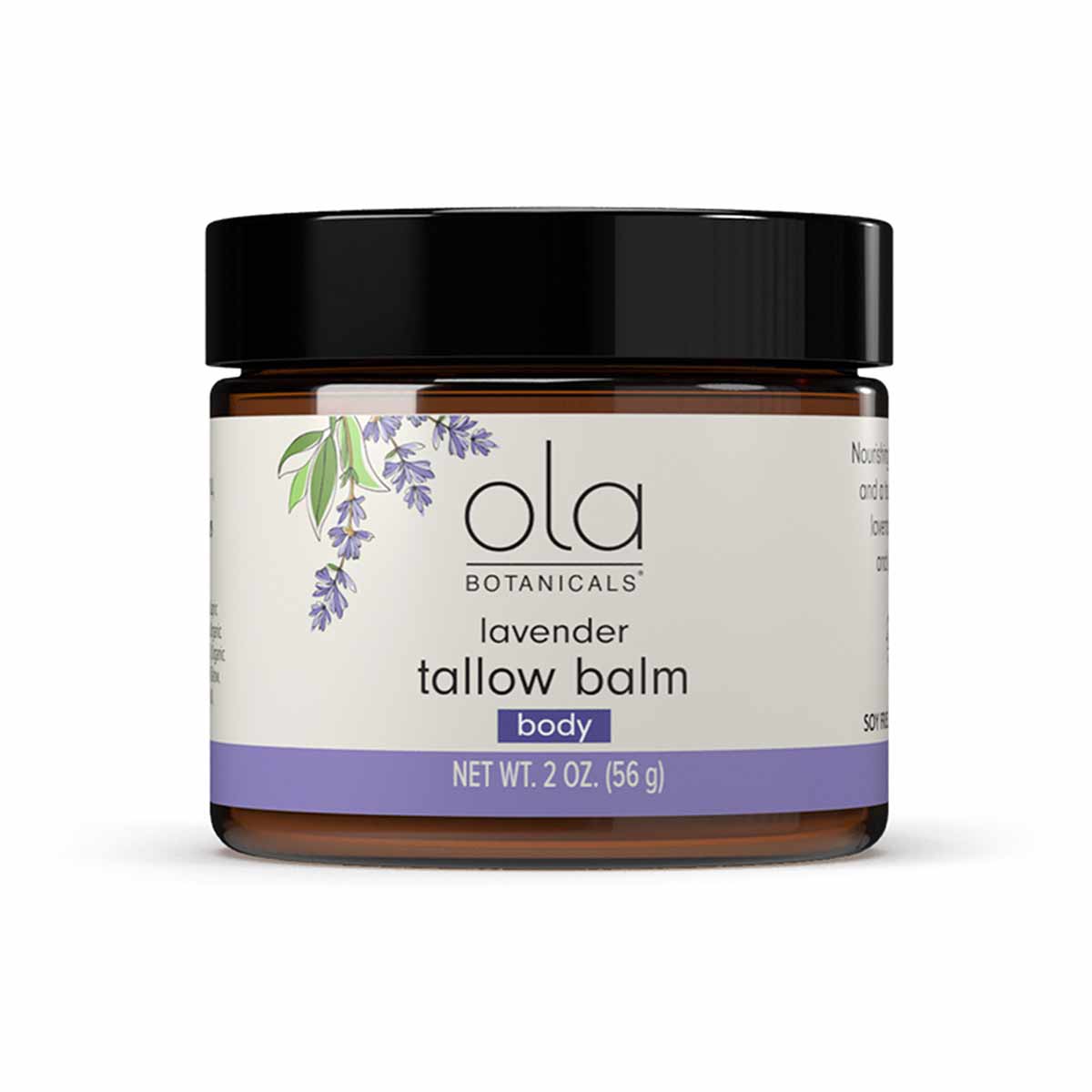 Amber glass jar with black lid containing lavender tallow balm by Ola Botanicals, 2 oz size, with lavender illustration on la