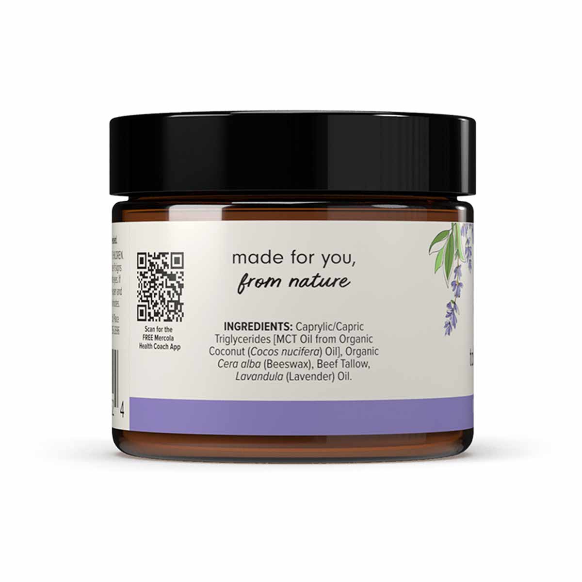 Dark glass jar with black lid containing amber-colored balm, labeled with lavender botanical design and ingredient list.
