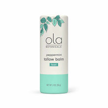 Cylindrical stick of peppermint tallow balm for feet by Ola Botanicals with cream and turquoise packaging, 2 oz.