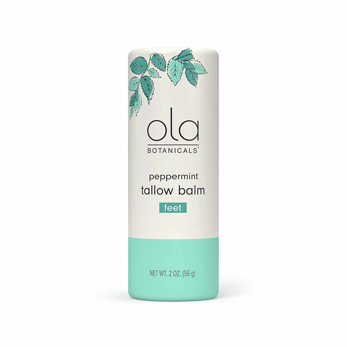 Cylindrical stick of peppermint tallow balm for feet by Ola Botanicals with cream and turquoise packaging, 2 oz.