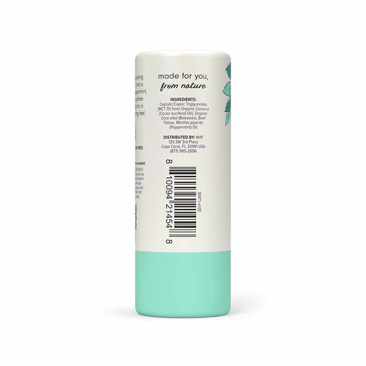 Cylindrical stick balm with cream-colored upper half and mint green lower half, showing ingredient list and barcode.