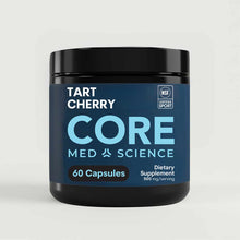 Black container of Core Med Science Tart Cherry capsules with blue label showing 60 capsules and 500mg serving size.