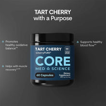Core Med Science Tart Cherry CherryPURE capsule supplement bottle with blue label and black cap containing 60 capsules.