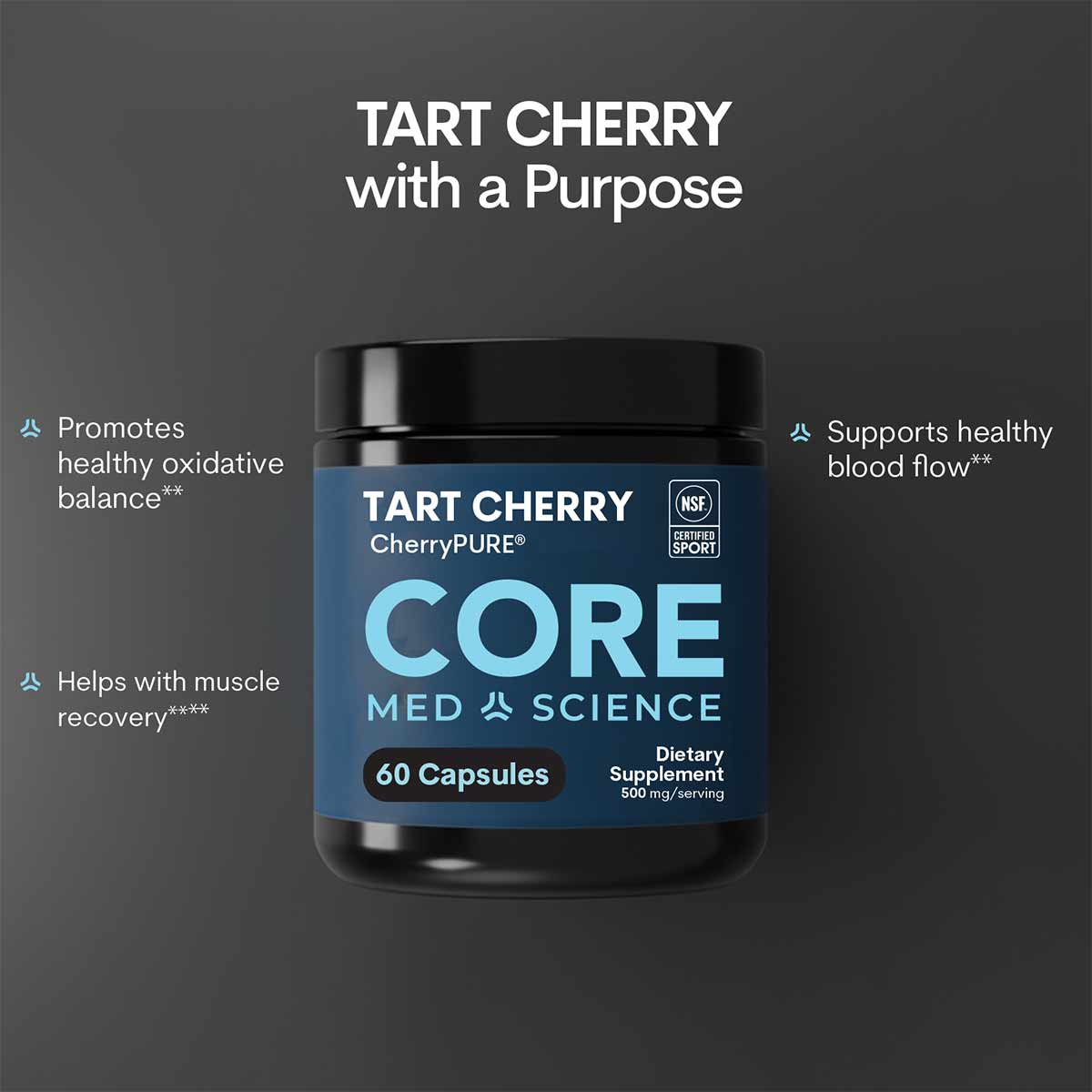 Core Med Science Tart Cherry CherryPURE capsule supplement bottle with blue label and black cap containing 60 capsules.