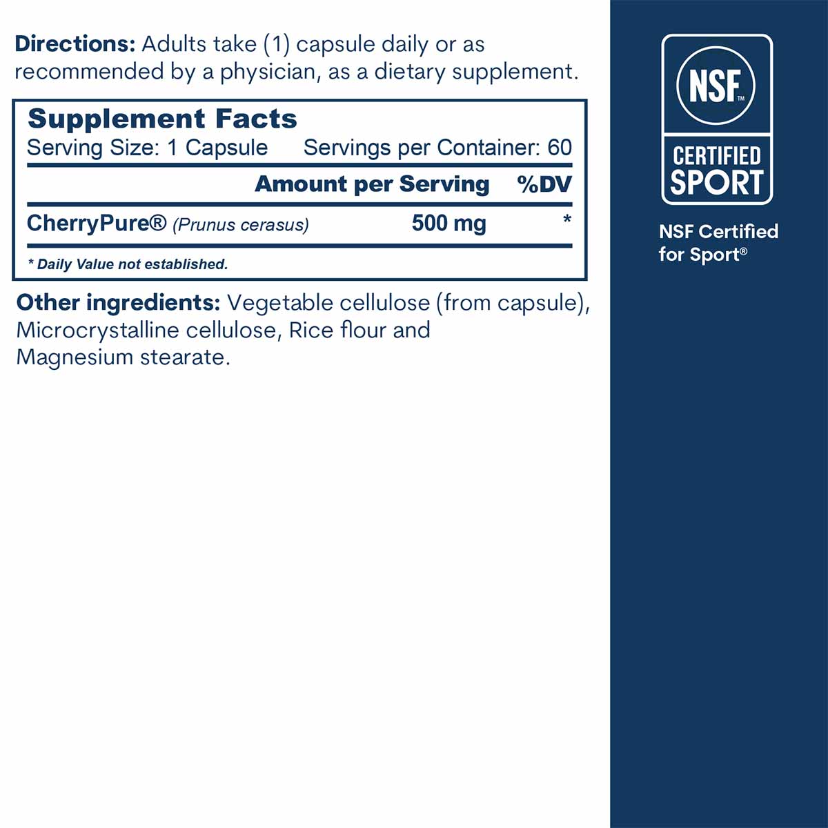 Supplement facts label showing directions, serving size of 1 capsule, and NSF Certified for Sport badge on dark blue backgrou