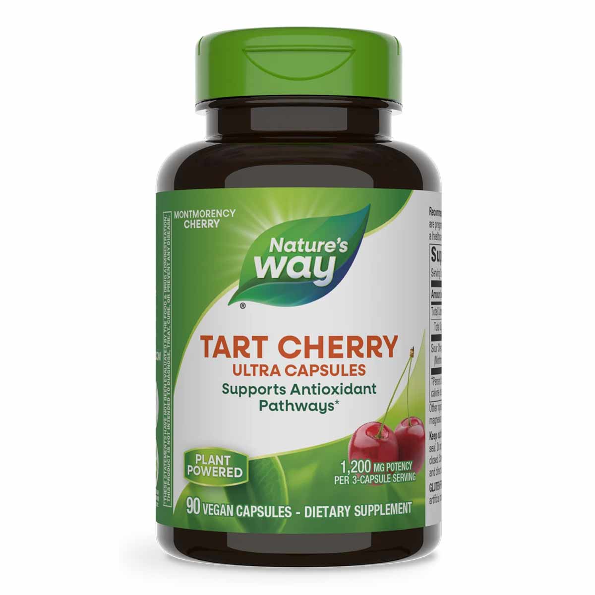 Nature's Way Tart Cherry Ultra Capsules bottle with green cap and label showing 90 vegan capsules.