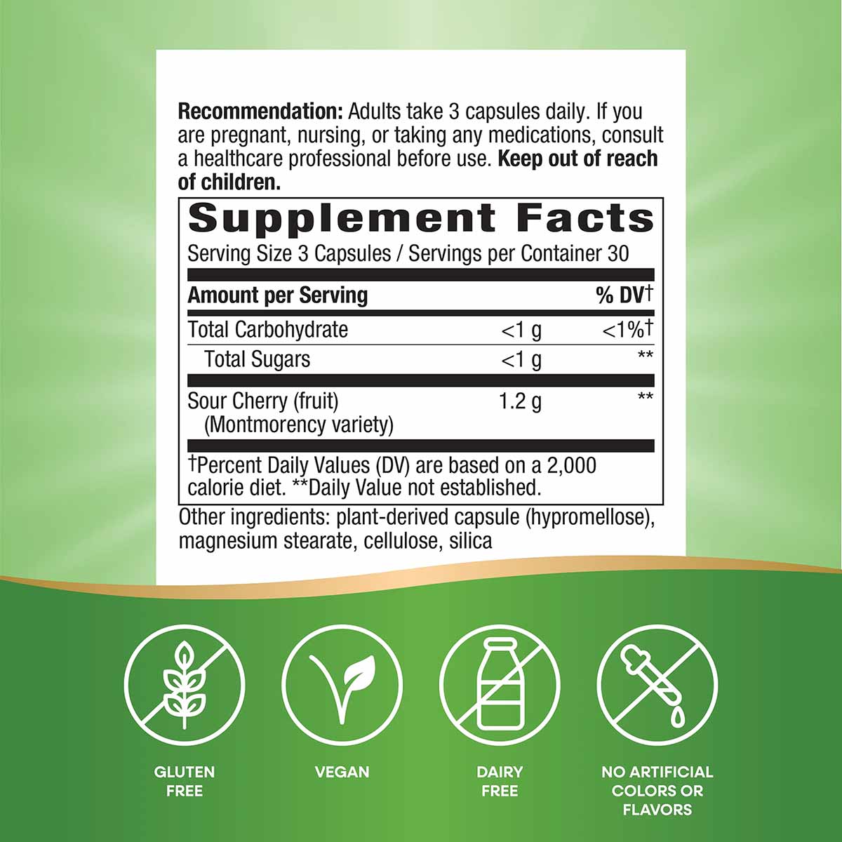 Supplement facts label for tart cherry capsules showing serving size, nutritional information, and icons indicating gluten-fr