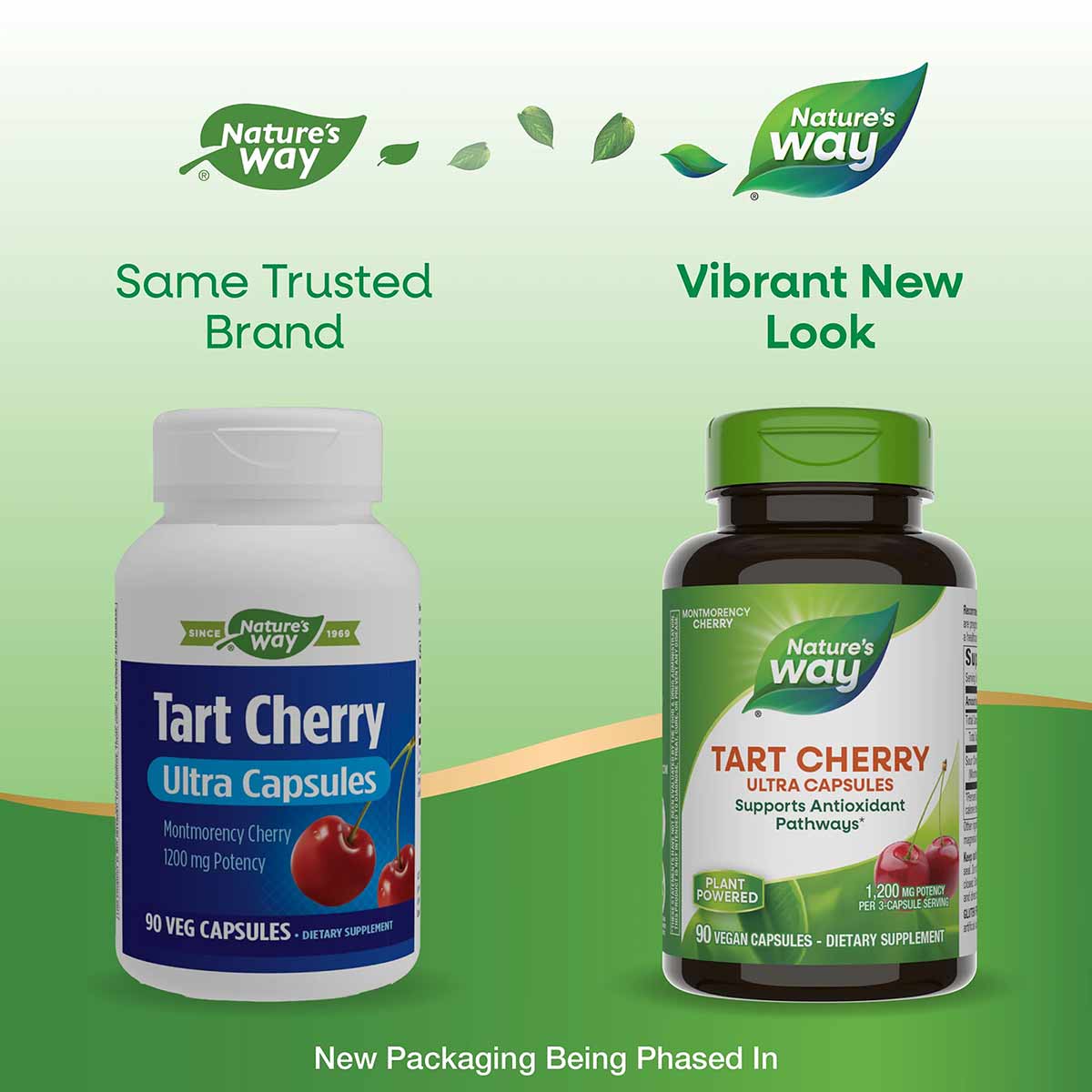 Two Nature's Way Tart Cherry Ultra Capsules bottles side-by-side showing old white packaging and new green packaging design.