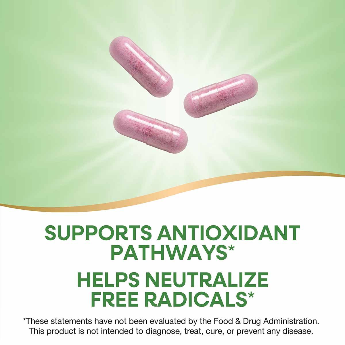 Three pink capsules on a green gradient background with tan curved design element.