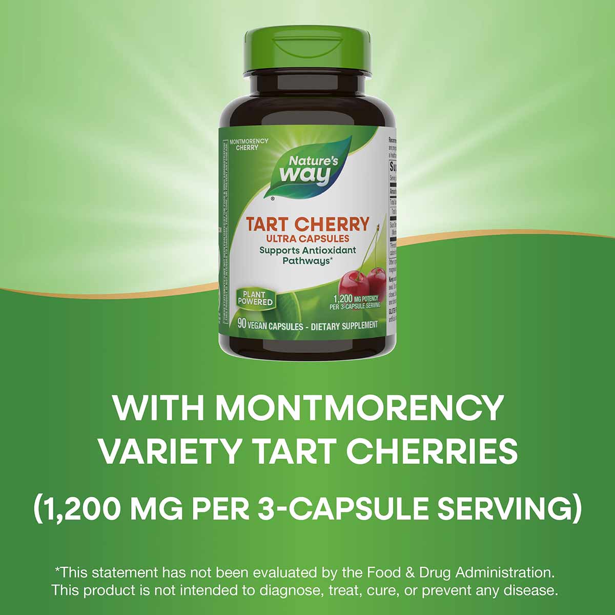 Nature's Way Tart Cherry Ultra Capsules bottle with green cap containing 90 vegan capsules on green background.