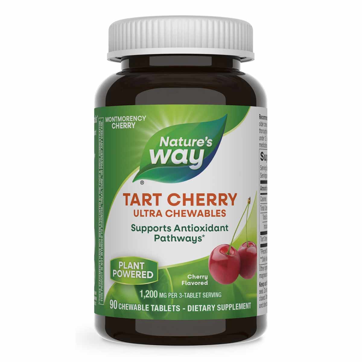 Dark glass bottle with white cap containing Nature's Way Tart Cherry Ultra Chewables dietary supplement, 90 chewable tablets.