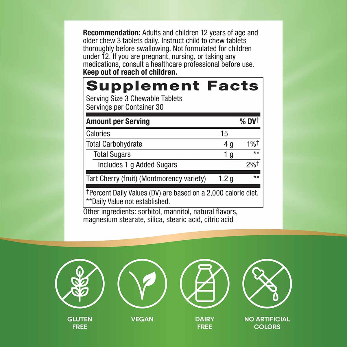 Supplement Facts label for Tart Cherry Ultra Chewable tablets showing nutritional information, serving size, and ingredient l