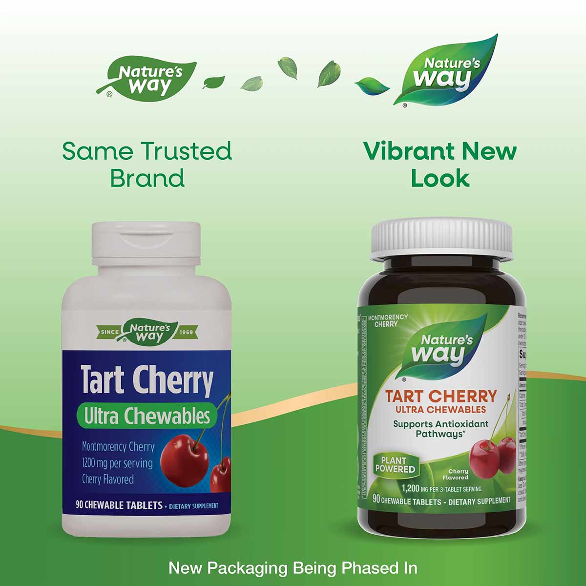 Two bottles of Nature's Way Tart Cherry Ultra Chewables dietary supplement showing old and new packaging designs side by side