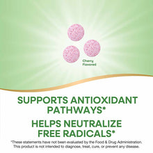 Three pink cherry-flavored chewable tablets on green gradient background with product claims text.