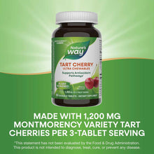 Nature's Way Tart Cherry Ultra Chewables bottle with white cap containing 90 chewable tablets on green background.
