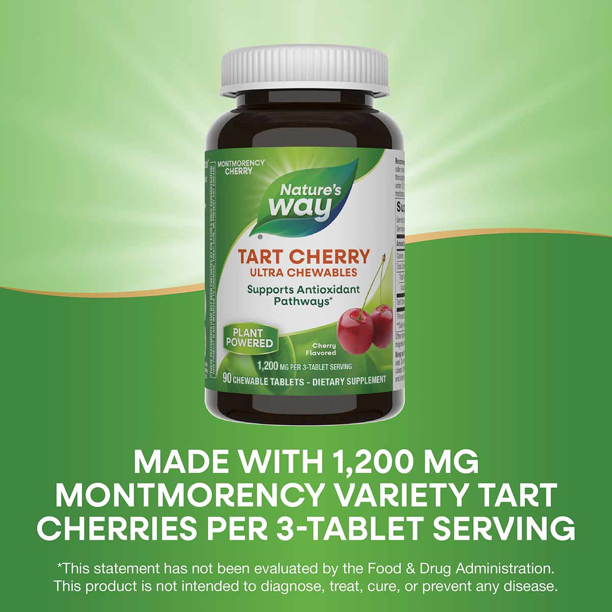Nature's Way Tart Cherry Ultra Chewables bottle with white cap containing 90 chewable tablets on green background.
