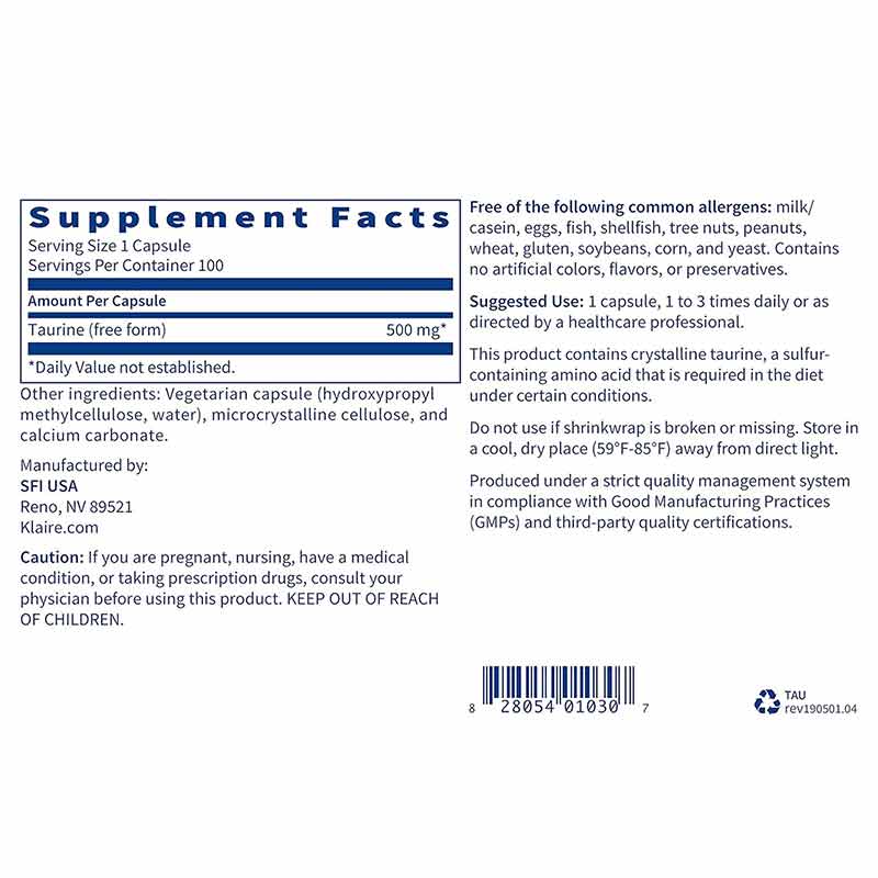 Taurine 500 Mg, by SFI Health, image #2