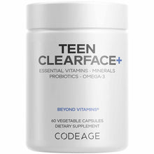 White cylindrical bottle of Teen ClearFace dietary supplement containing 60 vegetable capsules with printed label.