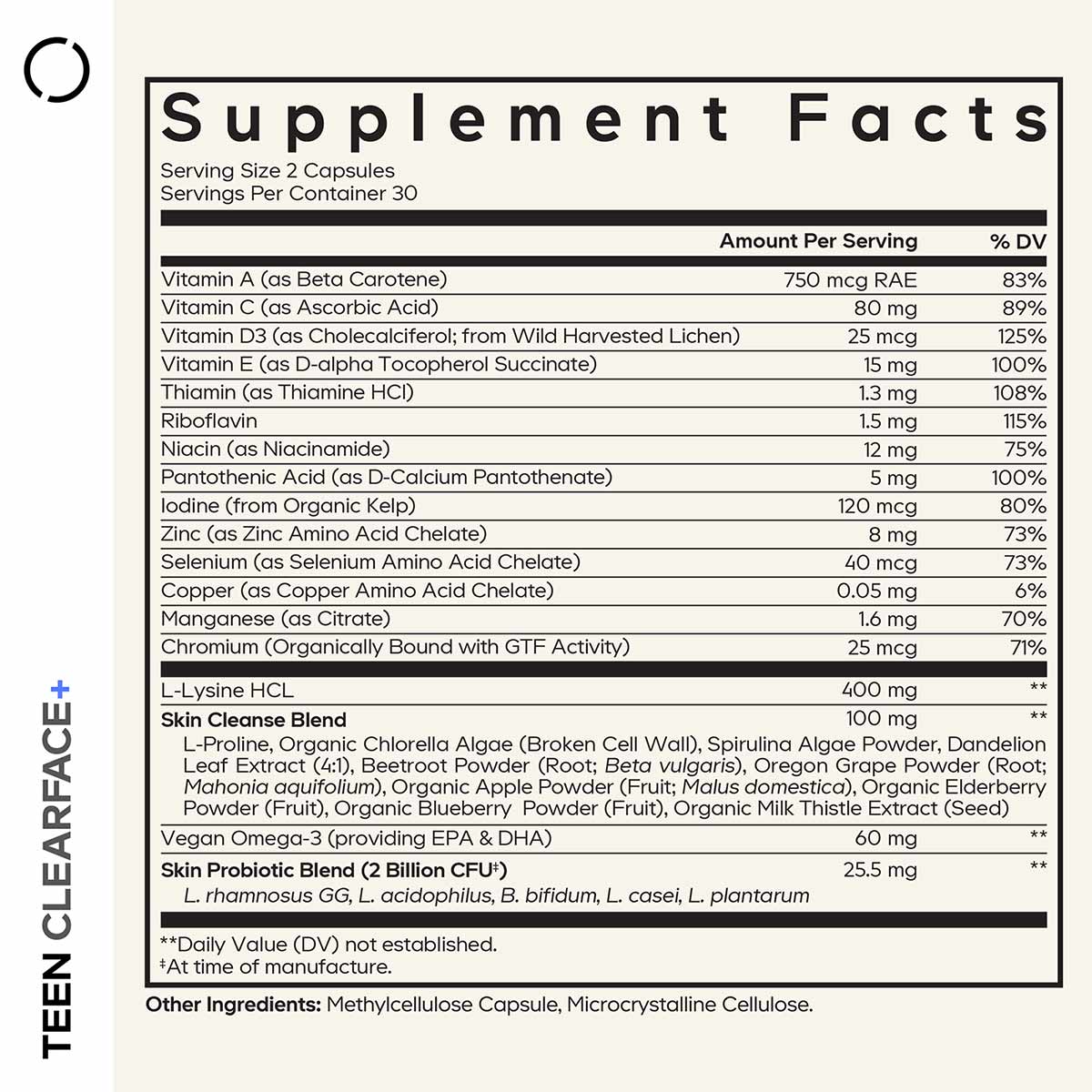 Supplement Facts label for Teen ClearFace showing vitamins, minerals, amino acids, and botanical ingredients per serving.