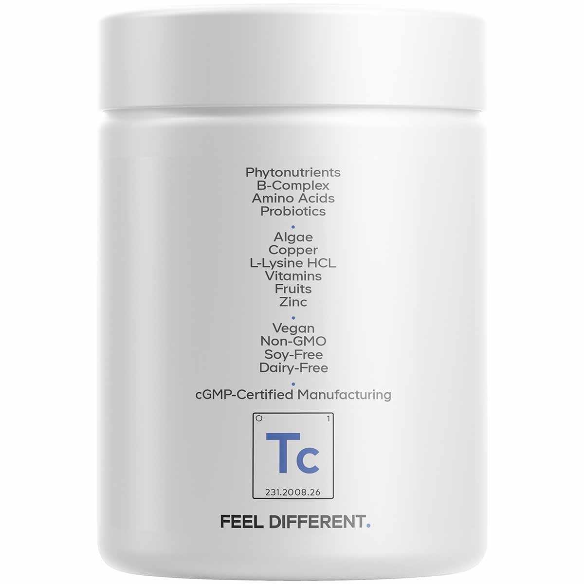 White supplement jar labeled Teen ClearFace by Codeage with ingredient list including phytonutrients, probiotics, vitamins, a
