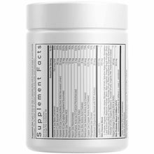 White plastic supplement container with white lid and black nutrition label containing ingredient information.